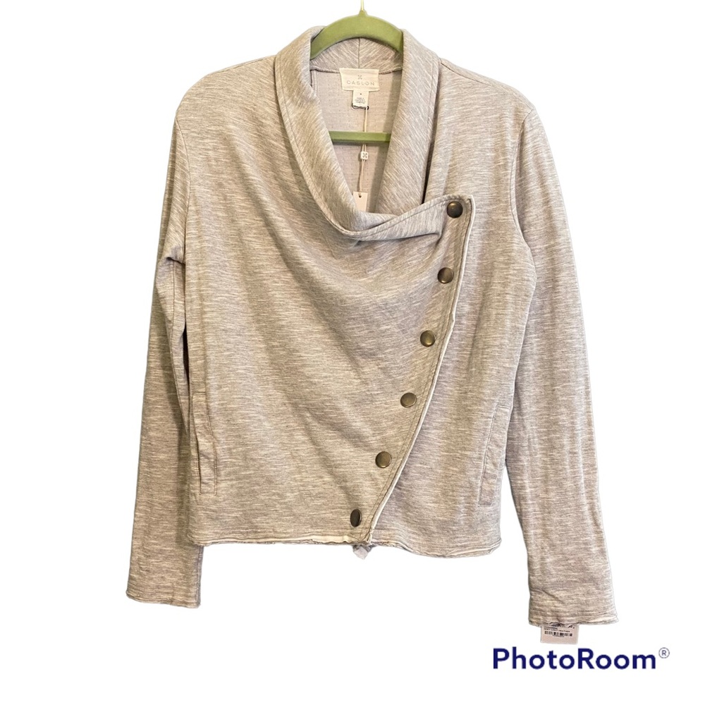 NWT Caslon Moto Style Sweatshirt Snap Front Raw Edge Jacket Light Grey S…